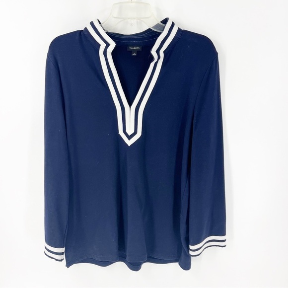 ✅ TALBOTS NAVY/WHITE LONG SLEEVE TUNIC SIZE LARGE - Picture 1 of 6